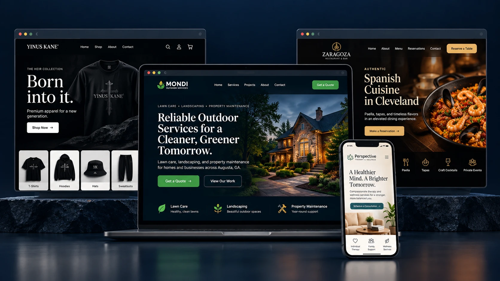 Custom website design mockups shown on a laptop, a desktop browser, and a phone